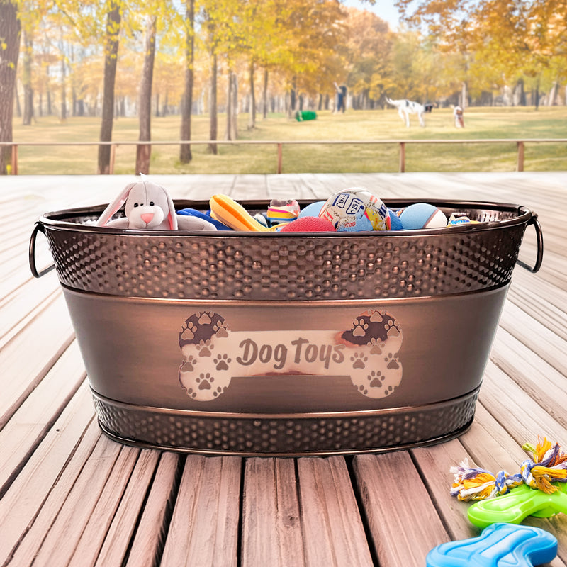 Dog Toy Bin Indestructible - Metallic "Dog Toys" Bone - Copper Medium | BREKX