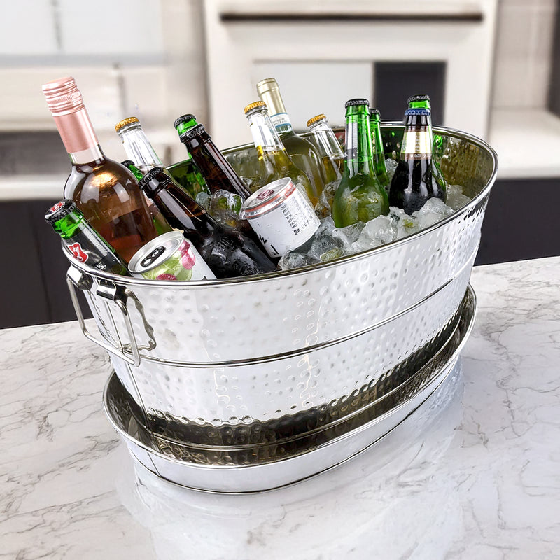 Aspen Metal Beverage Tub with Tray Hammered Stainless Steel | BREKX