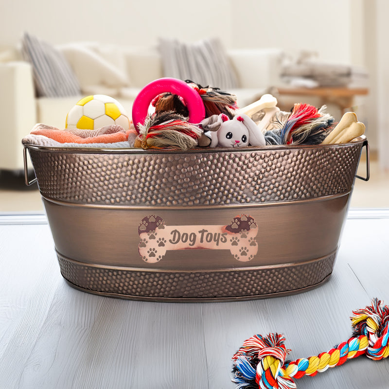 Dog Toy Bin Indestructible - Metallic "Dog Toys" Bone - Copper Large | BREKX