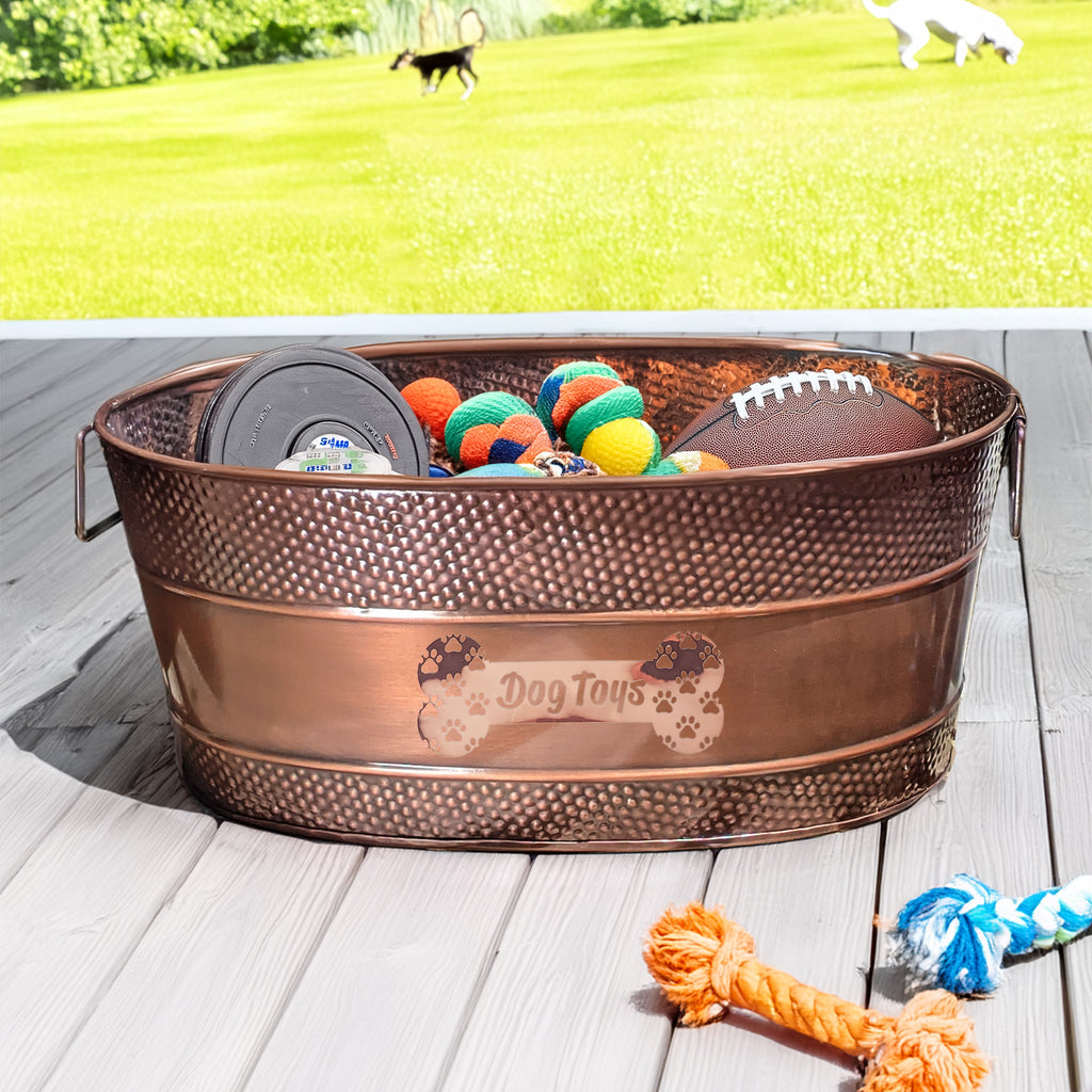 Dog Toy Bin Indestructible - Metallic "Dog Toys" Bone - Copper Large | BREKX