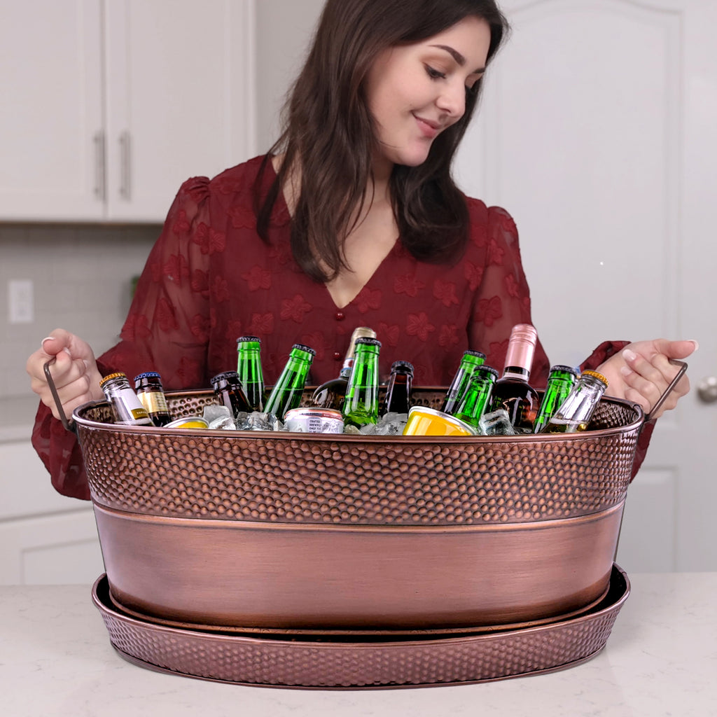 Aspen Metal Beverage Tub with Tray Hammered Antique Copper | BREKX