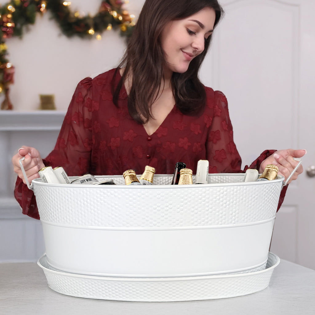 Aspen Metal Beverage Tub with Tray Hammered in White | BREKX