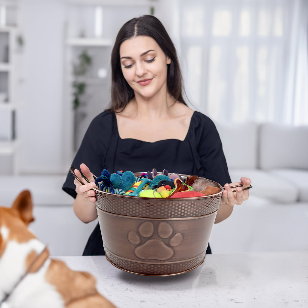 Dog Toy Bin Indestructible - Embossed Paw Print - Copper Round Medium | BREKX