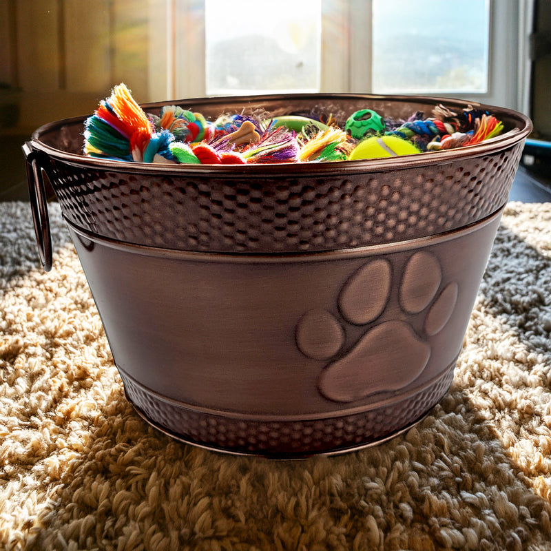 Dog Toy Bin Indestructible - Embossed Paw Print - Copper Round Medium | BREKX