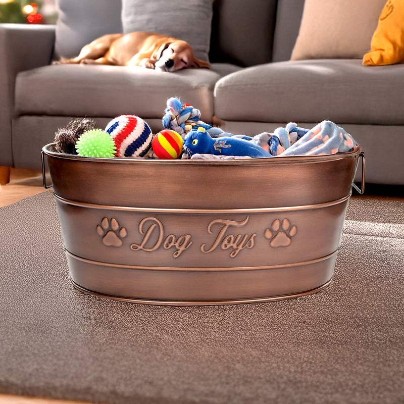 Dog Toy Bin Indestructible - Embossed "Dog Toys" - Copper Large | BREKX