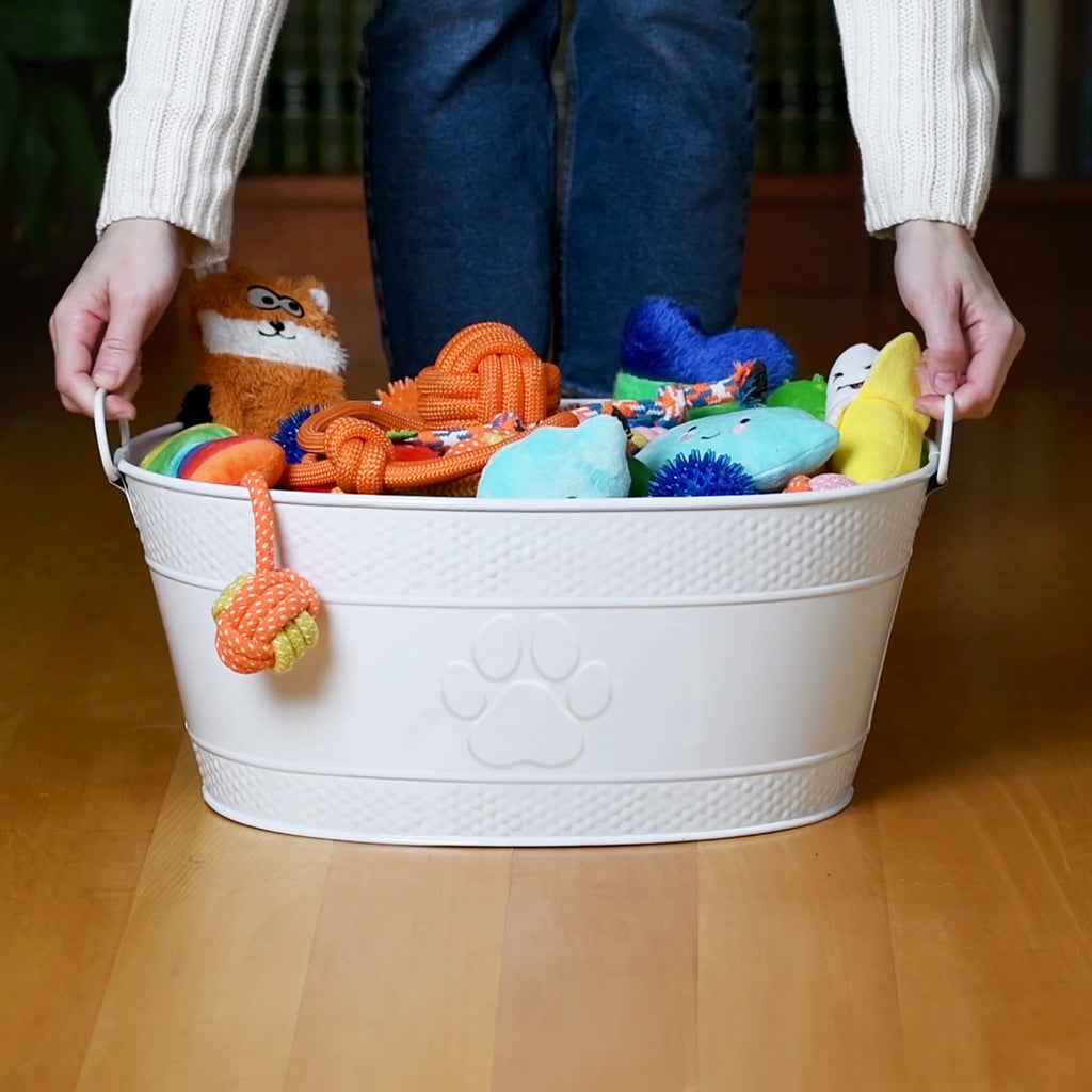 Dog Toy Bin Indestructible - Embossed Paw Print - White Medium | BREKX